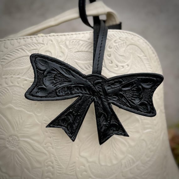 Hand-Tooled Bow Purse Charm, Personalized Leather Luggage Tag, Custom Engraved Bag Charm