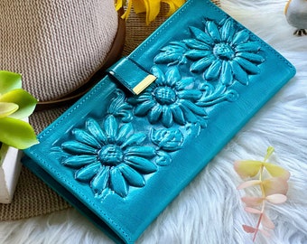 Sunflower Boho Wallet - Embossed Leather - Personalized Gifts for Her - Women's Slim Travel Wallet - Cute Small Wallets