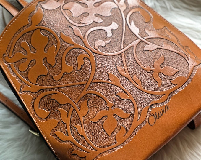 Handmade Embossed Leather Backpack Purse: Personalized Travel Bag