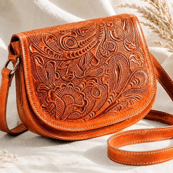 Western Tooled Leather Purse • Embossed Saddle Crossbody Bag • Cowgirl Shoulder Bag
