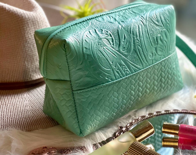 Handmade Cosmetic Bag- Leather embossed Makeup Bag-Gift for her