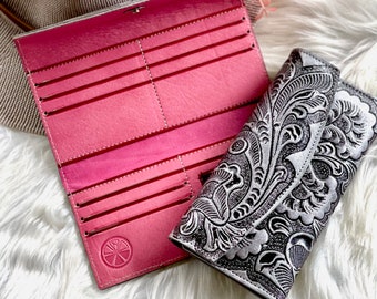 Personalized Leather Wallet for Women • Embossed Flowers Gift for Her • Ladies Bicolor Wallet