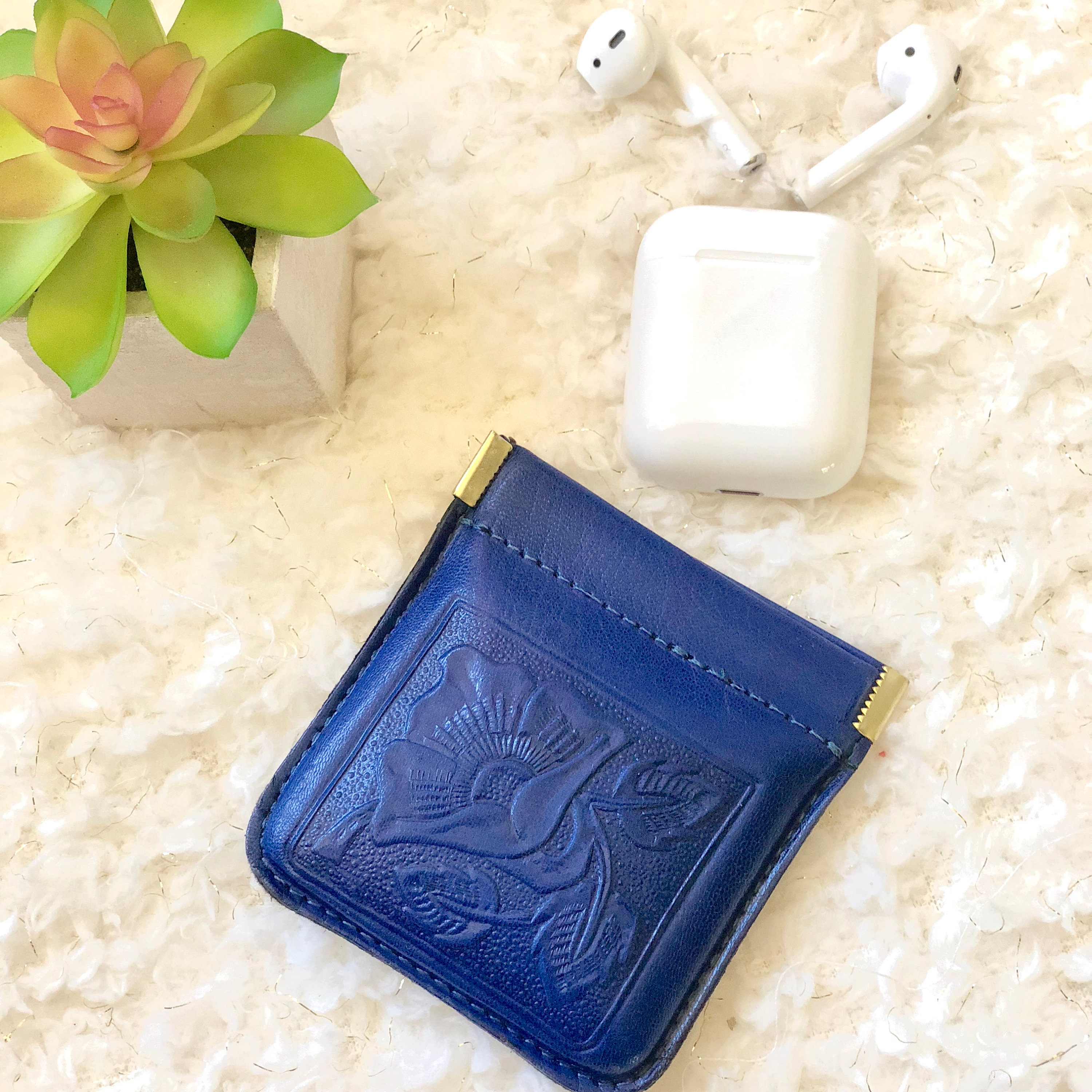 Leather Headphone Case, Tooled Leather coin purse, Tooled Leather