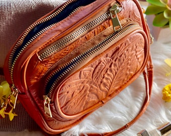 Cute tooled small bag for women • crossbody bag • leather small zipper bag • leather gifts