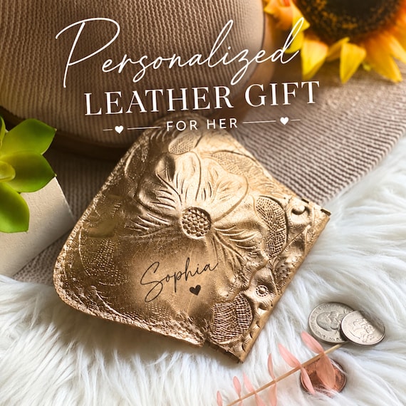 Personalized Leather Gift for Her, Custom Leather Coin Purse, Engraved Floral Pouch, Handmade Gift for Mom, Birthday Gift