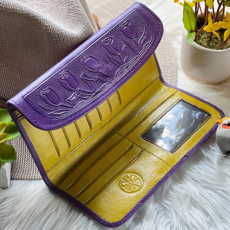 Tulips leather women's wallets floral wallets for women gifts for mom personalized wallet women Purple-Chartreuse