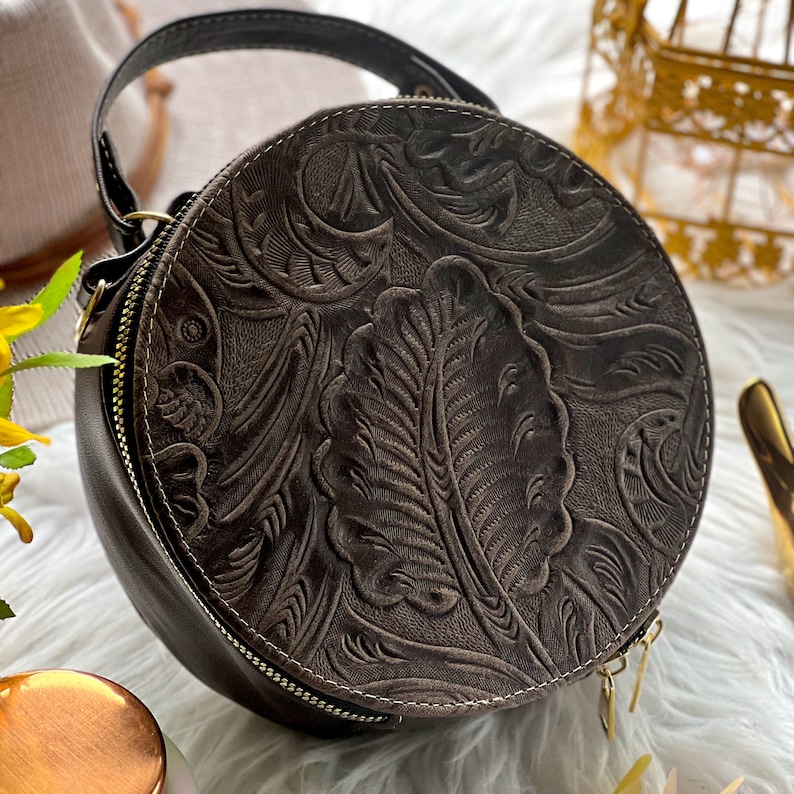 Cute tooled leather round bag crossbody bag women leather gifts for her small bags for women image 8