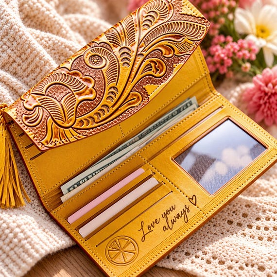 Custom Handwriting Leather Wallet for Women, Personalized Floral Long Wallet, Sentimental Gift for Mom or Wife