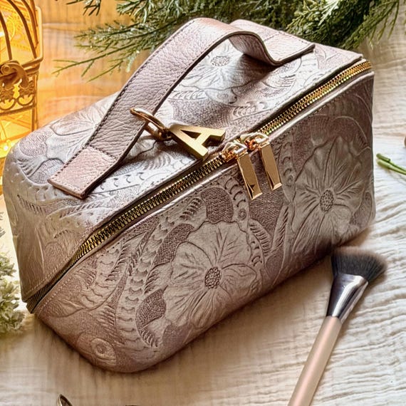 Leather Makeup Bag, Floral Embossed Travel Cosmetic Organizer, Personalized Gift for Her