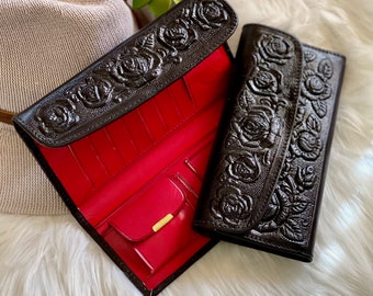 Women’s Leather Wallet with Embossed Roses • Two-Tone Design • Personalized Gift for Her