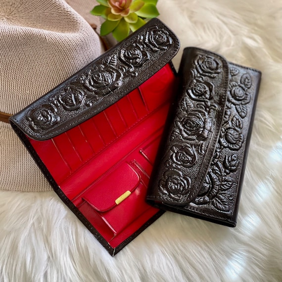 Women’s Leather Wallet with Embossed Roses • Two-Tone Design • Personalized Gift for Her