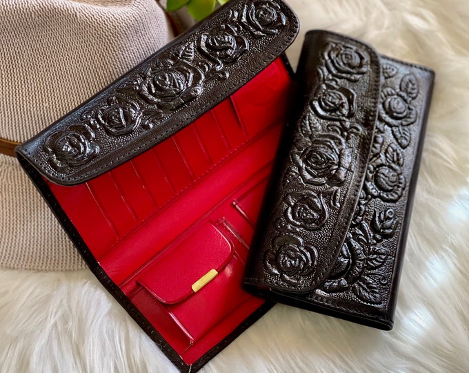 Cute Leather Wallet for Women • Embossed Roses • Personalized Gifts •  Two Tone Design