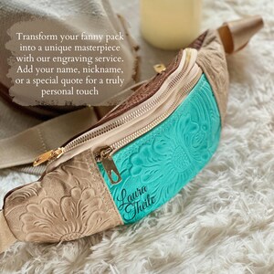 personalized Handmade boho leather crossbody bag with floral embossing, adjustable strap, and fanny pack style. A versatile travel and concert bag, perfect as a Christmas gift or personalized gift for her or best friend.