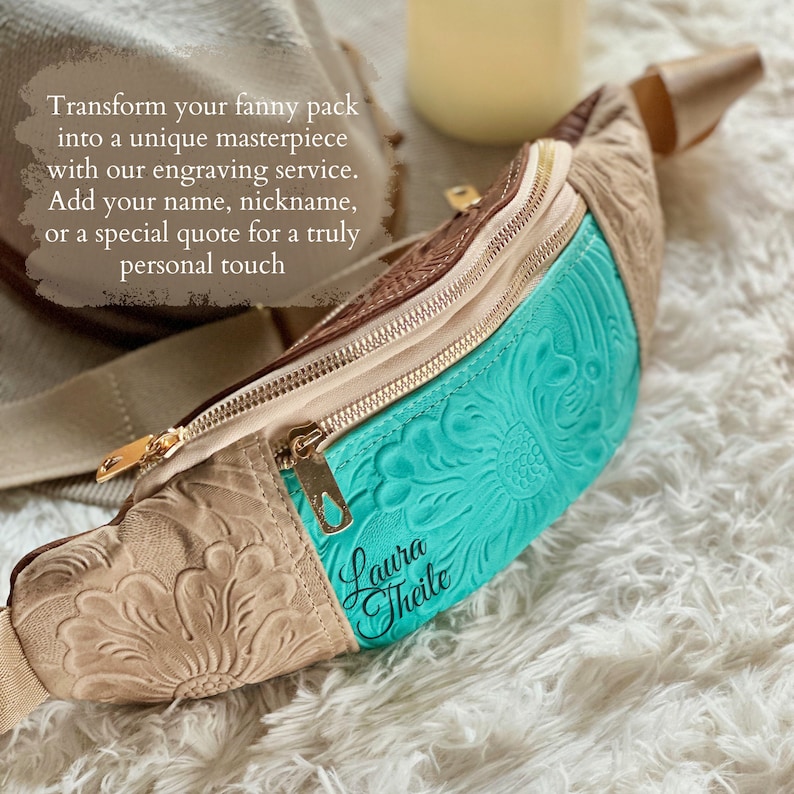 personalized Handmade boho leather crossbody bag with floral embossing, adjustable strap, and fanny pack style. A versatile travel and concert bag, perfect as a Christmas gift or personalized gift for her or best friend.