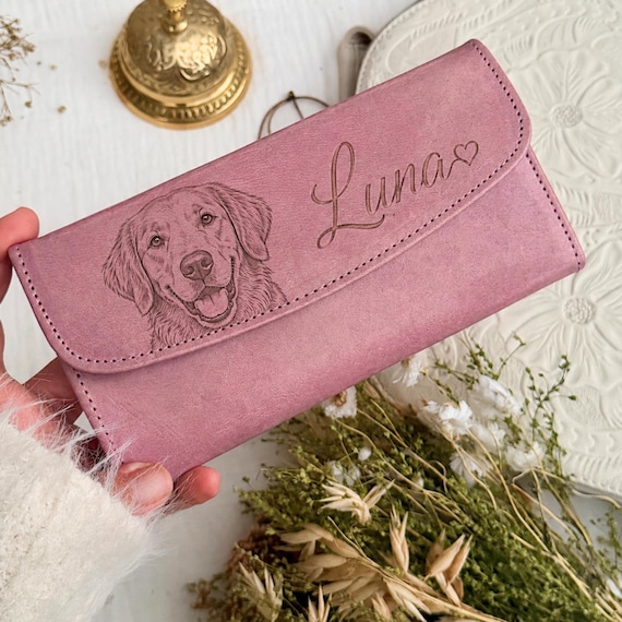 Custom Pet Portrait Leather Wallet -Personalized Pet Photo Gift - Engraved Wallet for Women - Dog Mom Gift - Pet Memorial Gift