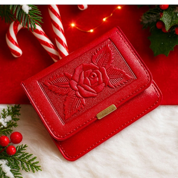 Handmade Small Leather Wallet: Embossed Floral Mini Keyring Wallet