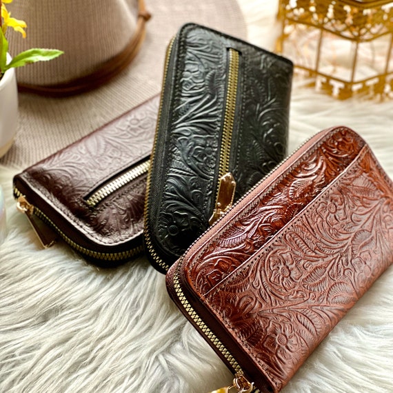Embossed Leather Zipper Wallet: Handmade Boho Women's Wallet