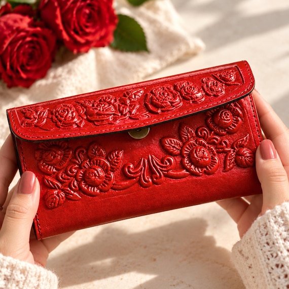 Vintage Rose Wallet for Women, Romantic Floral Leather Wallet, Red Embossed Long Wallet, Victorian Inspired Women’s Wallet