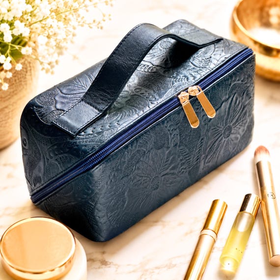 Handcrafted Leather Makeup Bag • Personalized Cosmetic Organizer • Women’s Travel Toiletry Bag