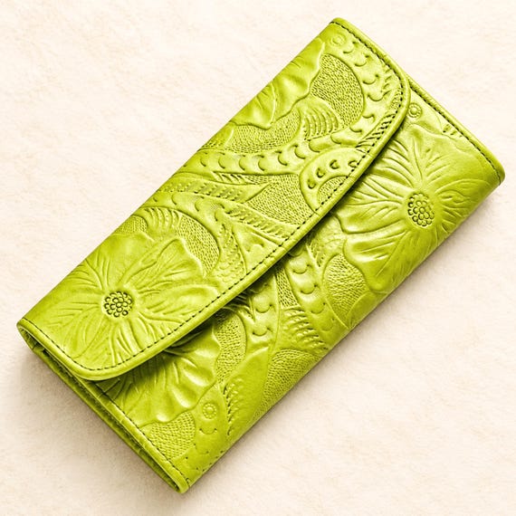 Embossed Hibiscus Leather Wallet for Women, Personalized Long Floral Wallet, Lime Green Boho Gift
