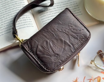 Compact Floral Wristlet Wallet • Handmade Leather Gift for Her