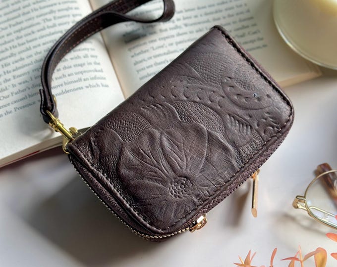 Compact Floral Wristlet Wallet • Handmade Leather Gift for Her