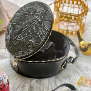 Cute tooled leather round bag crossbody bag women leather gifts for her small bags for women image 3