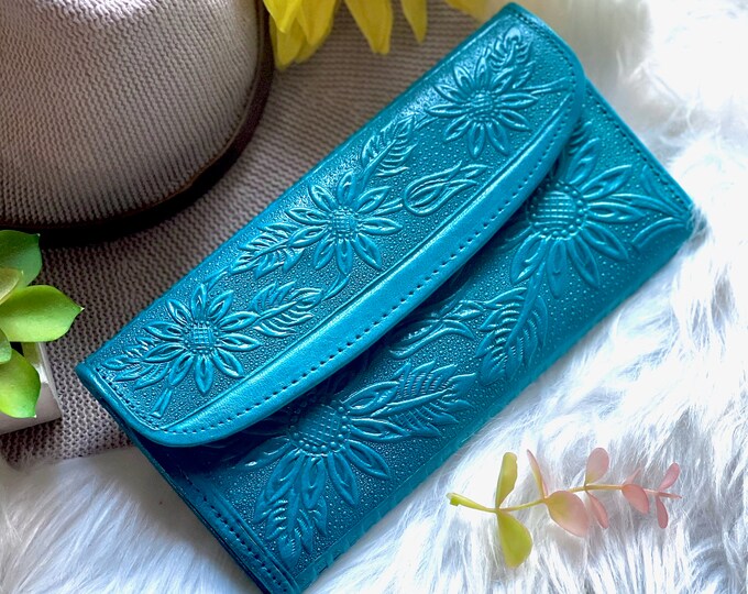 Boho Embossed Sunflowers  Leather Wallets for women • Personalized Gifts for her