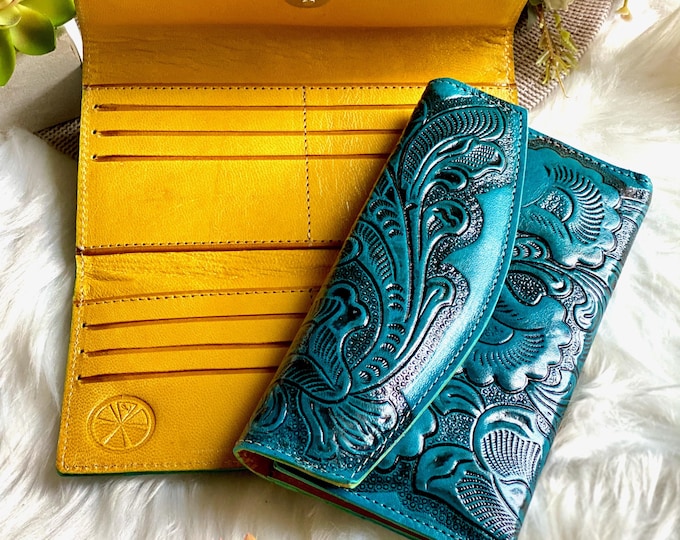 Boho Floral Tooled Leather Wallet: Personalized Engraved Long Wallet