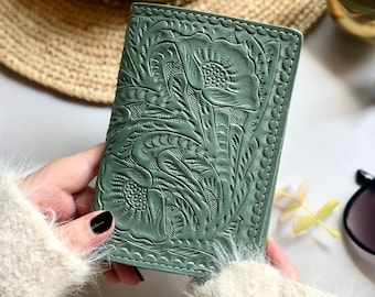 Tooled Leather Passport Cover with AirTag Pocket: Handmade Travel Wallet