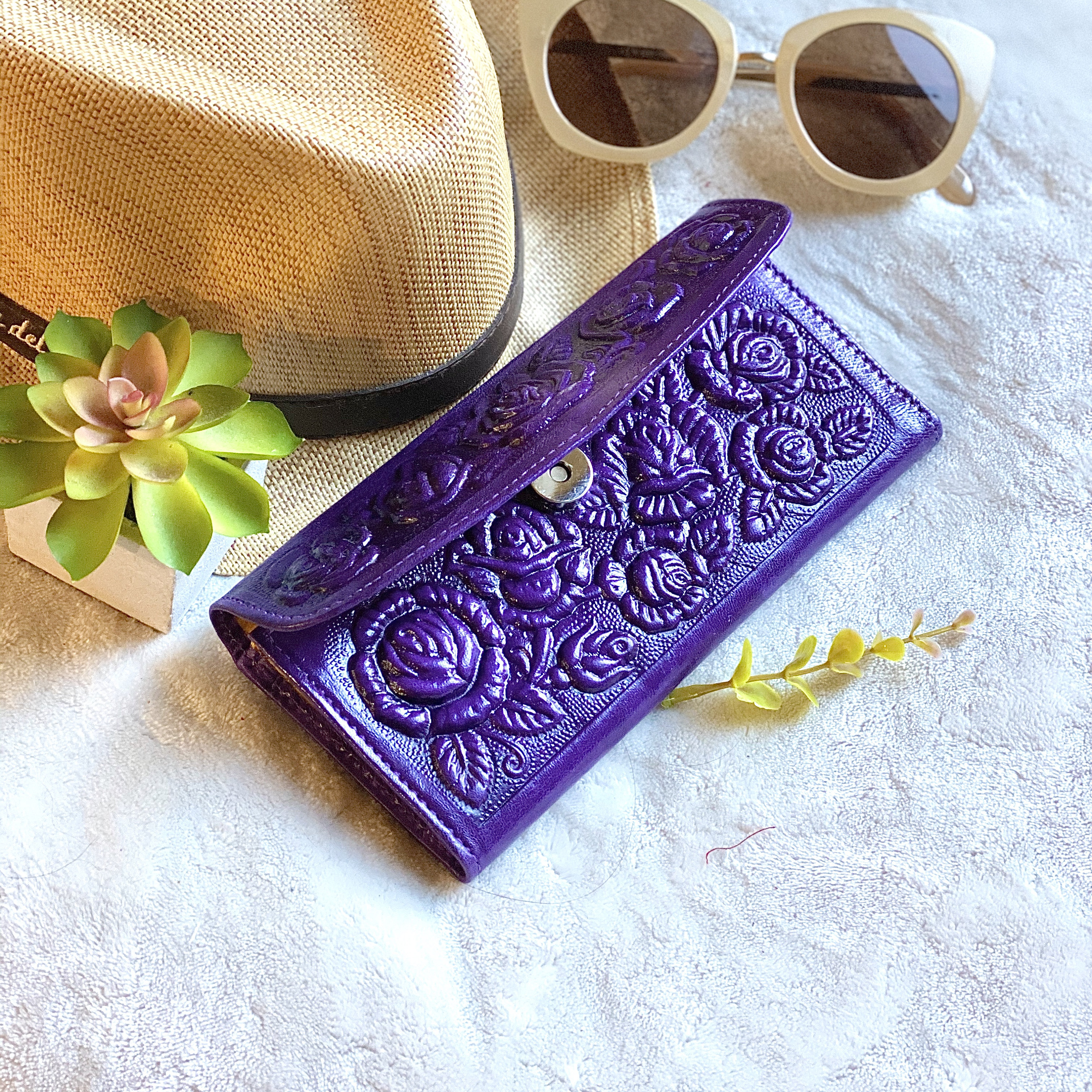 Handmade purple roses leather wallets for women Bicolor leather
