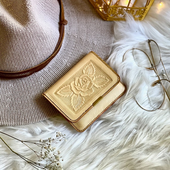 Small Embossed Leather Women’s Wallet, Floral Design with Personalization