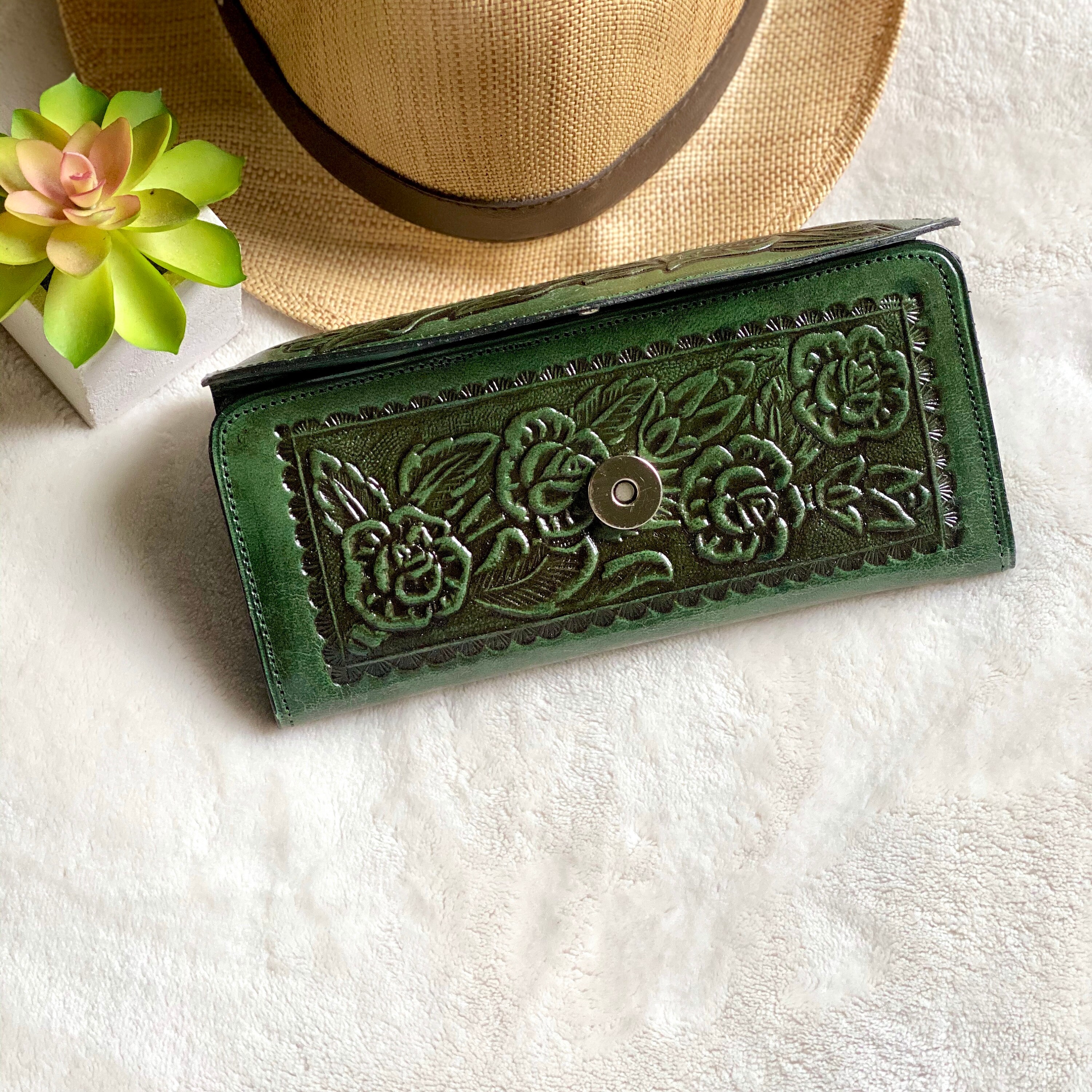Bohemian woman wallet Leather wallet woman Green leather women's