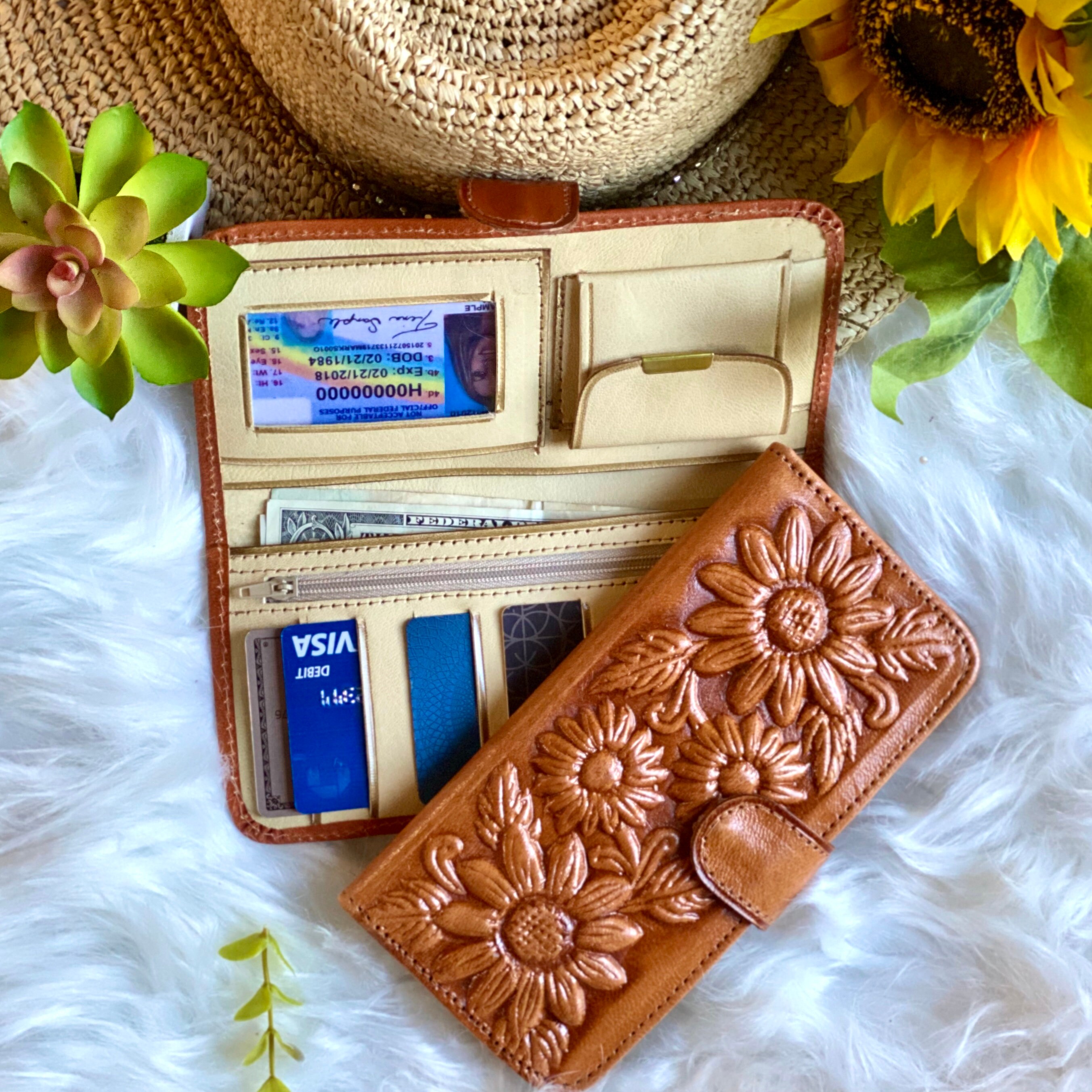 Handmade authentic Leather walletsHandmade Sunflowers walletgifts for