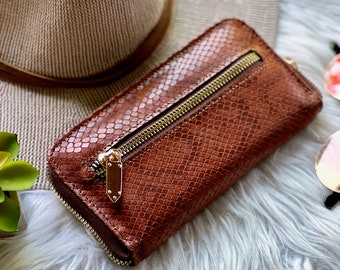 Personalized Women's Leather Zip Wallet - Faux Snakeskin - Leather gifts