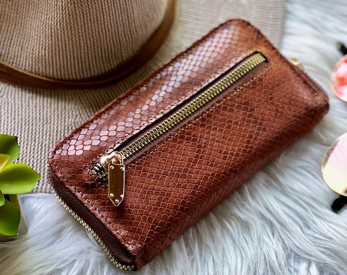 Personalized Women's Leather Zip Wallet - Faux Snakeskin - Leather gifts
