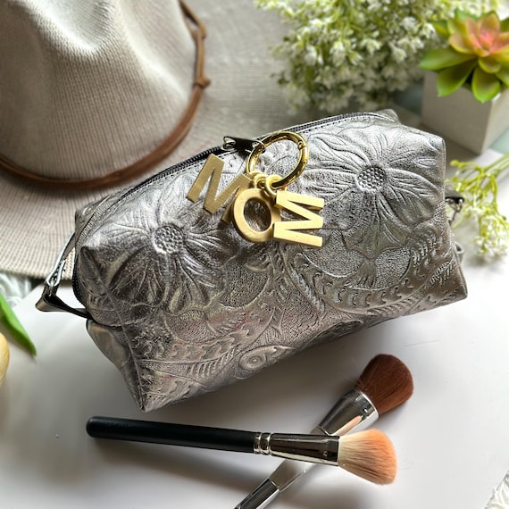 Personalized Leather Makeup Bag for Mom: Floral Embossed Sustainable Pouch