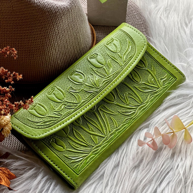 Handcrafted leather woman wallets Embossed leather wallets long wallets for women leather gifts image 8