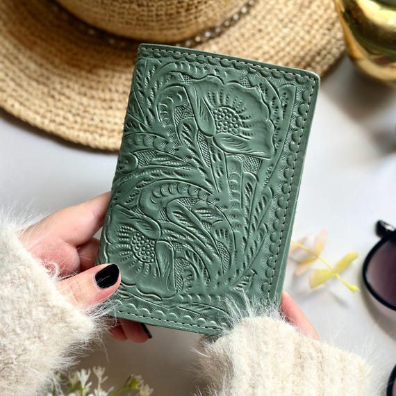 Floral Tooled Leather Passport Cover with AirTag Pocket - Handmade Travel Gift
