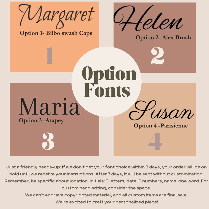 May include: A graphic showing four different font options for names. The options are: Bilbo swash caps, Alex Brush, Arapey, and Parisienne. Each option is numbered and has a sample name written in the font.