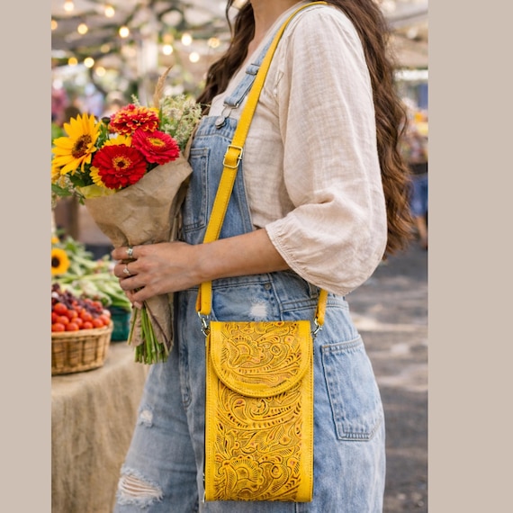 Yellow Floral Leather Crossbody Bag for Women, Small Phone Purse, Boho Tooled Leather Bag, Handmade Western Crossbody, Gift for Mom