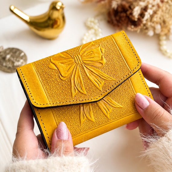 Personalized Leather Bow Wallet for Women, Handmade Bifold Wallet, Small Cute Wallet Gift for Her
