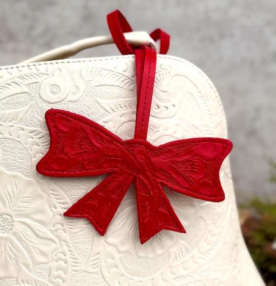 Personalized Leather Bow Luggage Tag • Hand Tooled Purse Charm • Custom Engraved Bag Charm • Western Travel Gift
