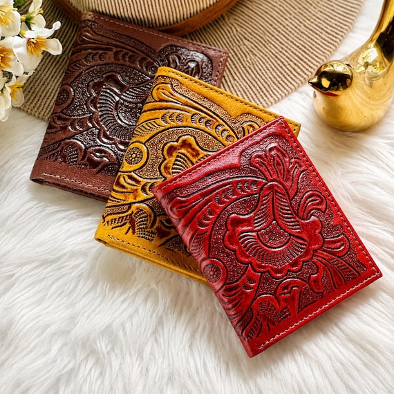 Personalized Small Leather Wallet for Women with Floral Embossing