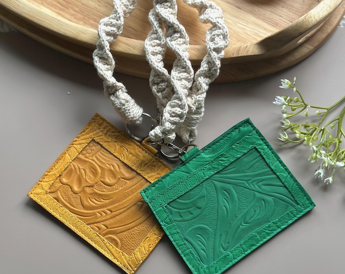 Leather ID Badge Holder with Macrame Lanyard • Teacher Gift • Card and ID Holder