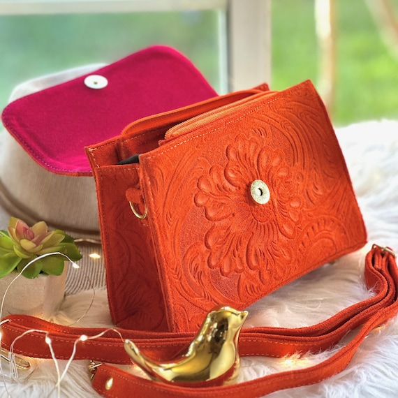 Handcrafted Leather Crossbody Bag • Embossed Floral Suede Purse