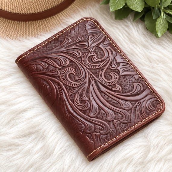 Personalized Leather Passport Cover, Handmade Embossed Floral Design with Two Card Slots