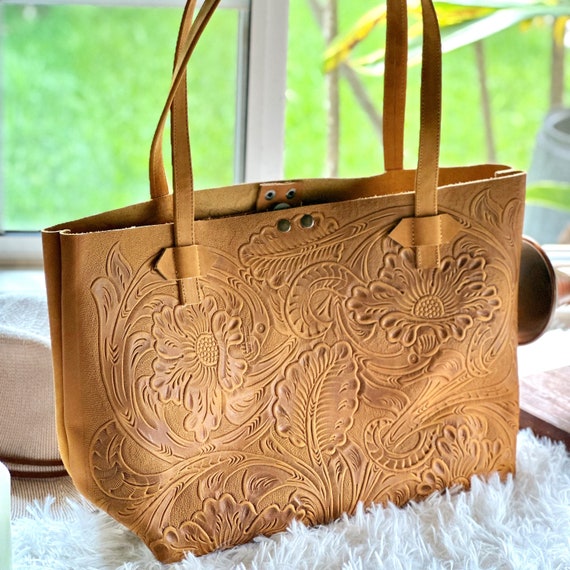 Bohemian Leather Tote Bag • Floral Tooled Western Tote Purse