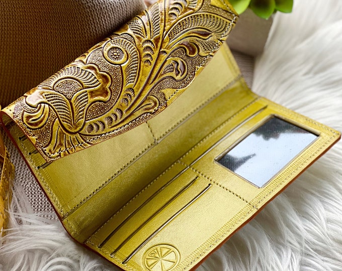 Boho handcrafted leather woman wallets • Tooled leather wallets • long wallets for women • leather gifts