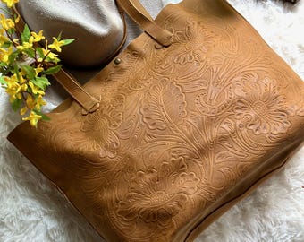 Floral Tooled Leather Tote Bag: Personalized Shoulder Bag